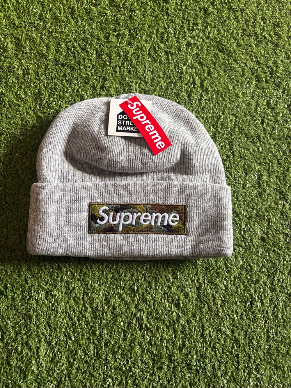 Supreme Gray Camo Patch Beanie with Red Tag